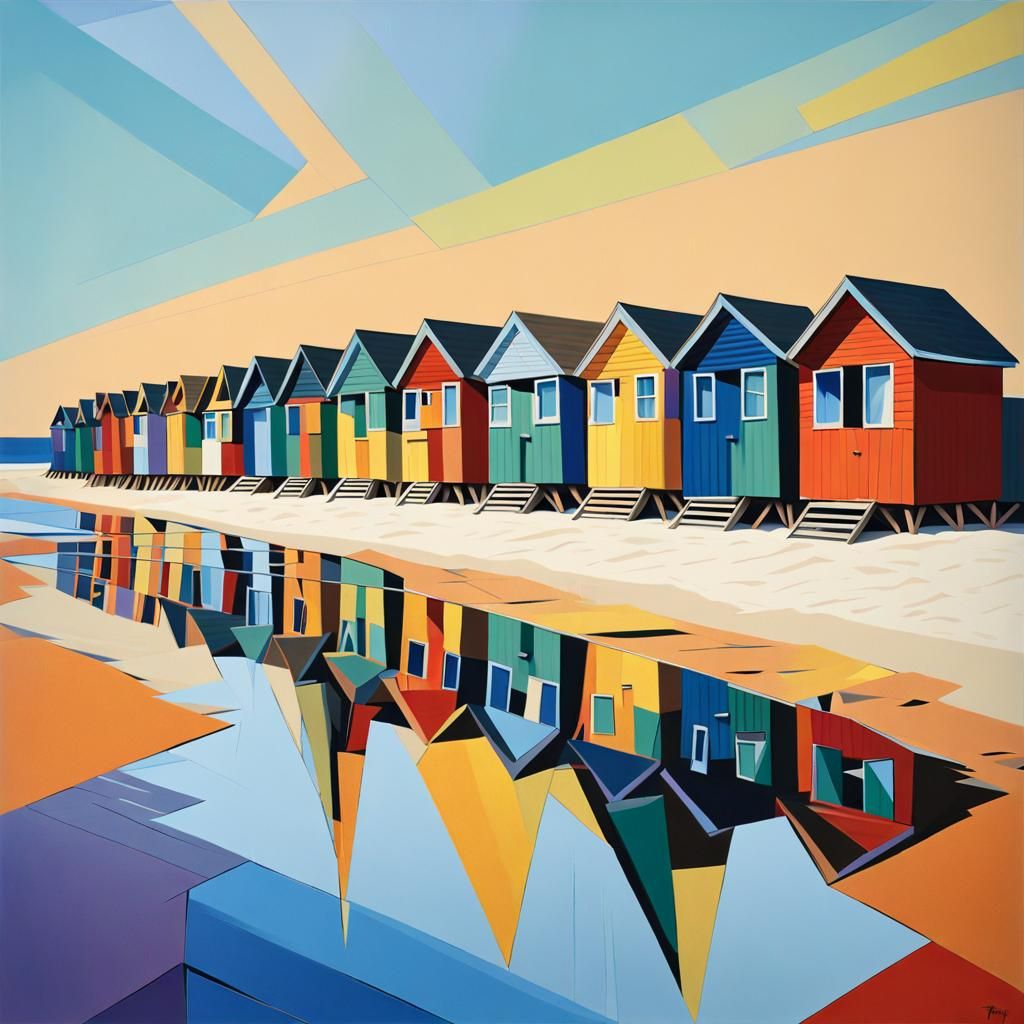 Cubist Beach Huts with Vivid Colors and Geometric Forms