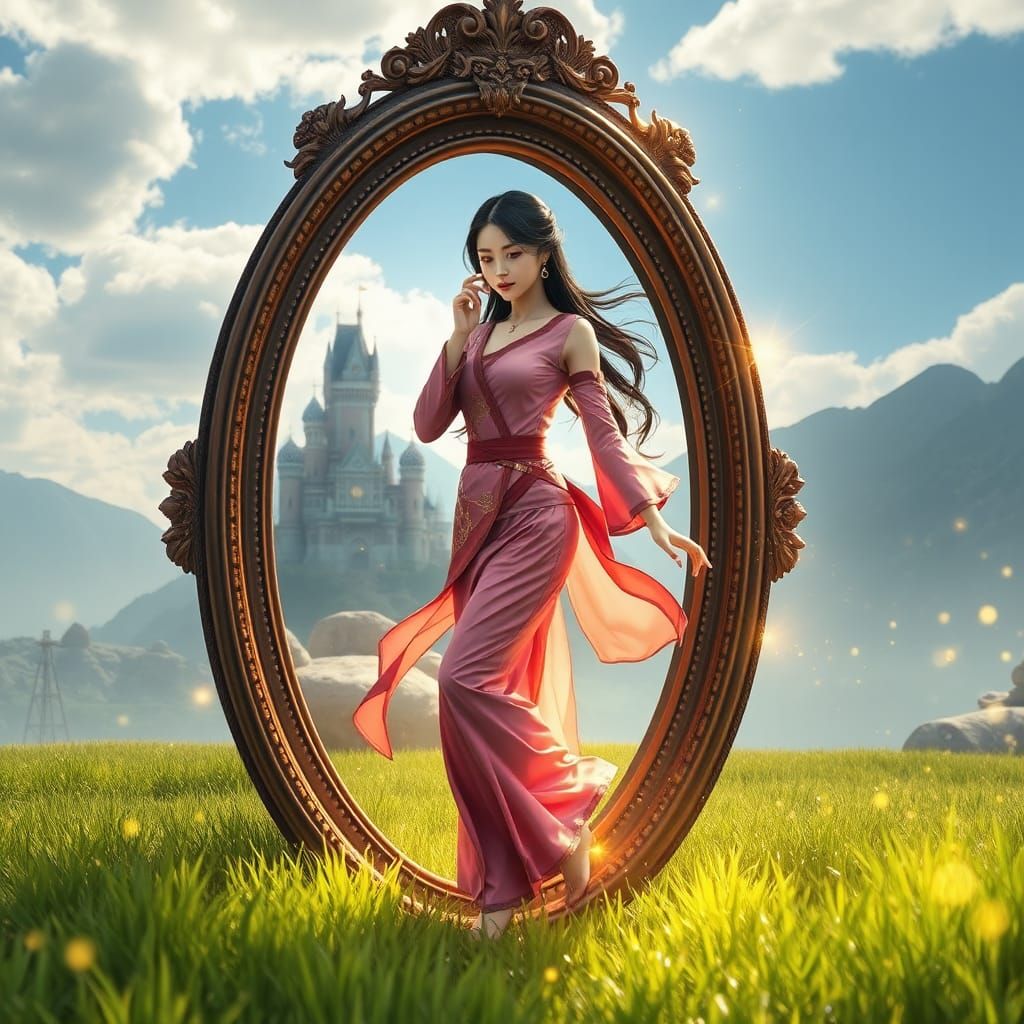 Woman Emerges from Mirror in Anime Style
