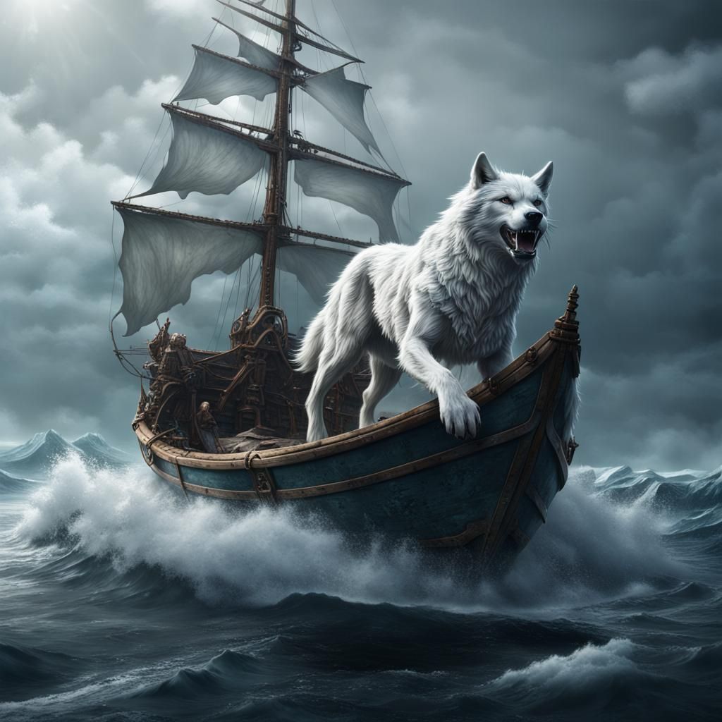 White Dire Wolf on a Boat in Ocean