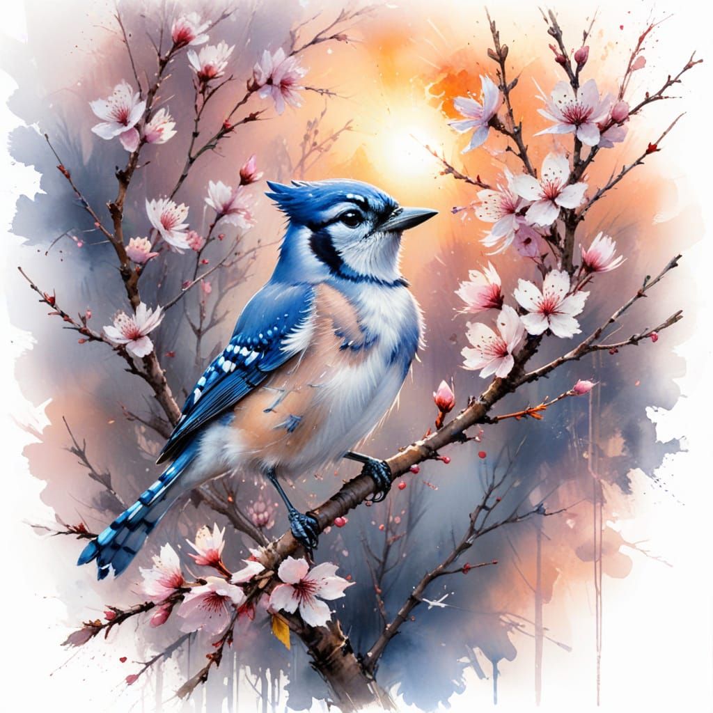 Bluejay on Cherry Blossom at Sunset, Watercolour Style