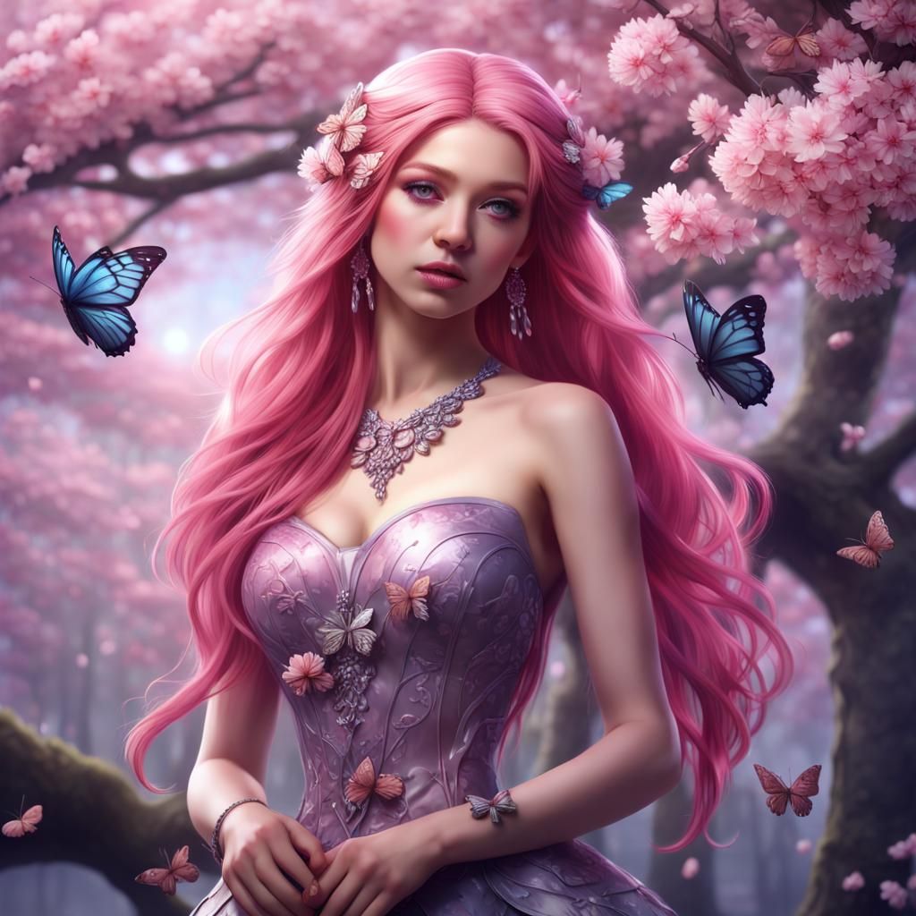 Pink-haired Girl with Cherry Blossoms: Detailed Digital Art