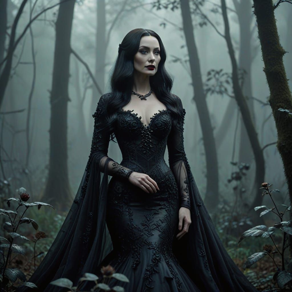 Morticia Addams in Foggy Forest, Cinematic Film Still