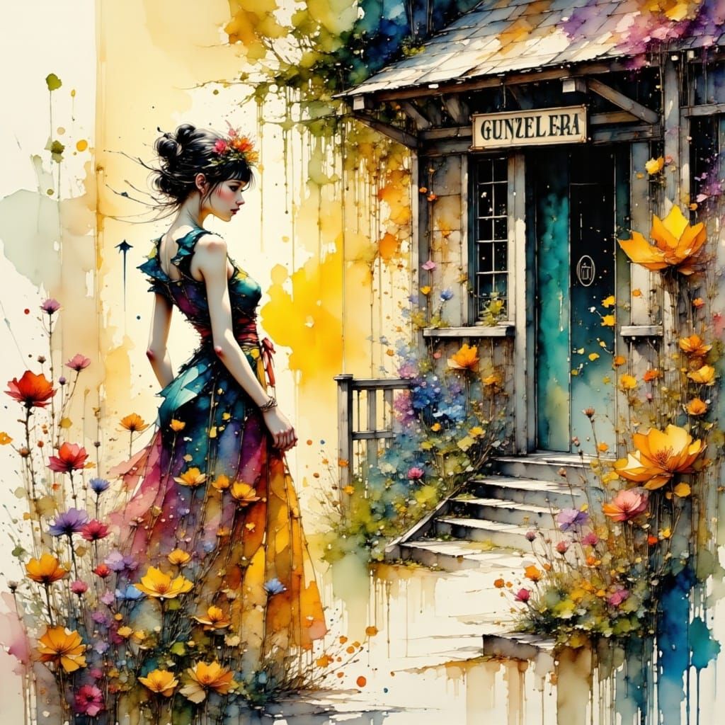 Woman Outside Vibrant Floral Shop in Summer Multi Plaid Dres...