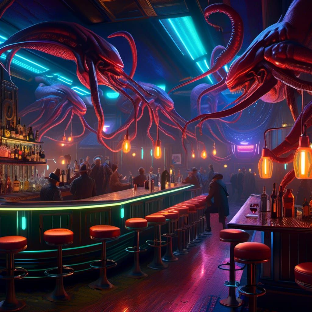 Maximalist Sci-Fi Bar Brawl with Alien Patrons