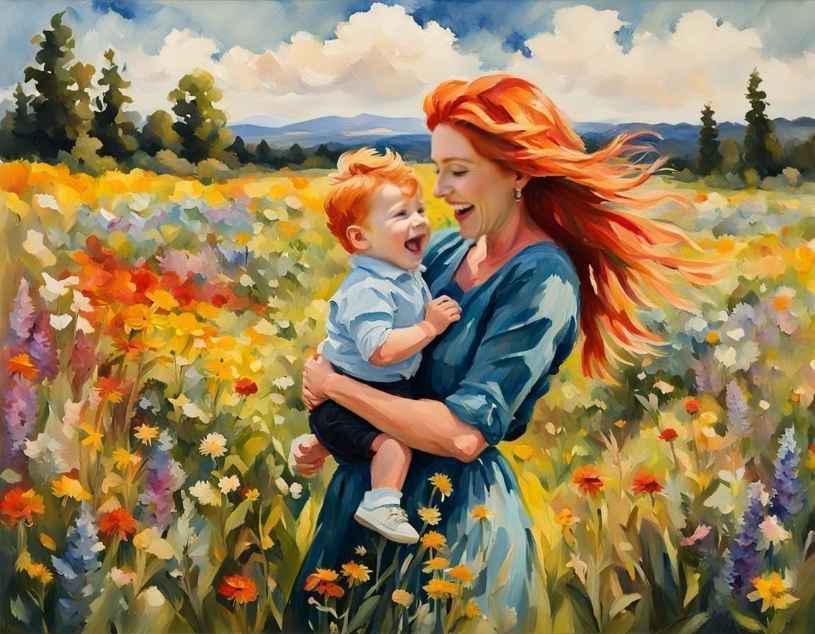 Mother and Son in Wildflower Field, Impasto Gouache