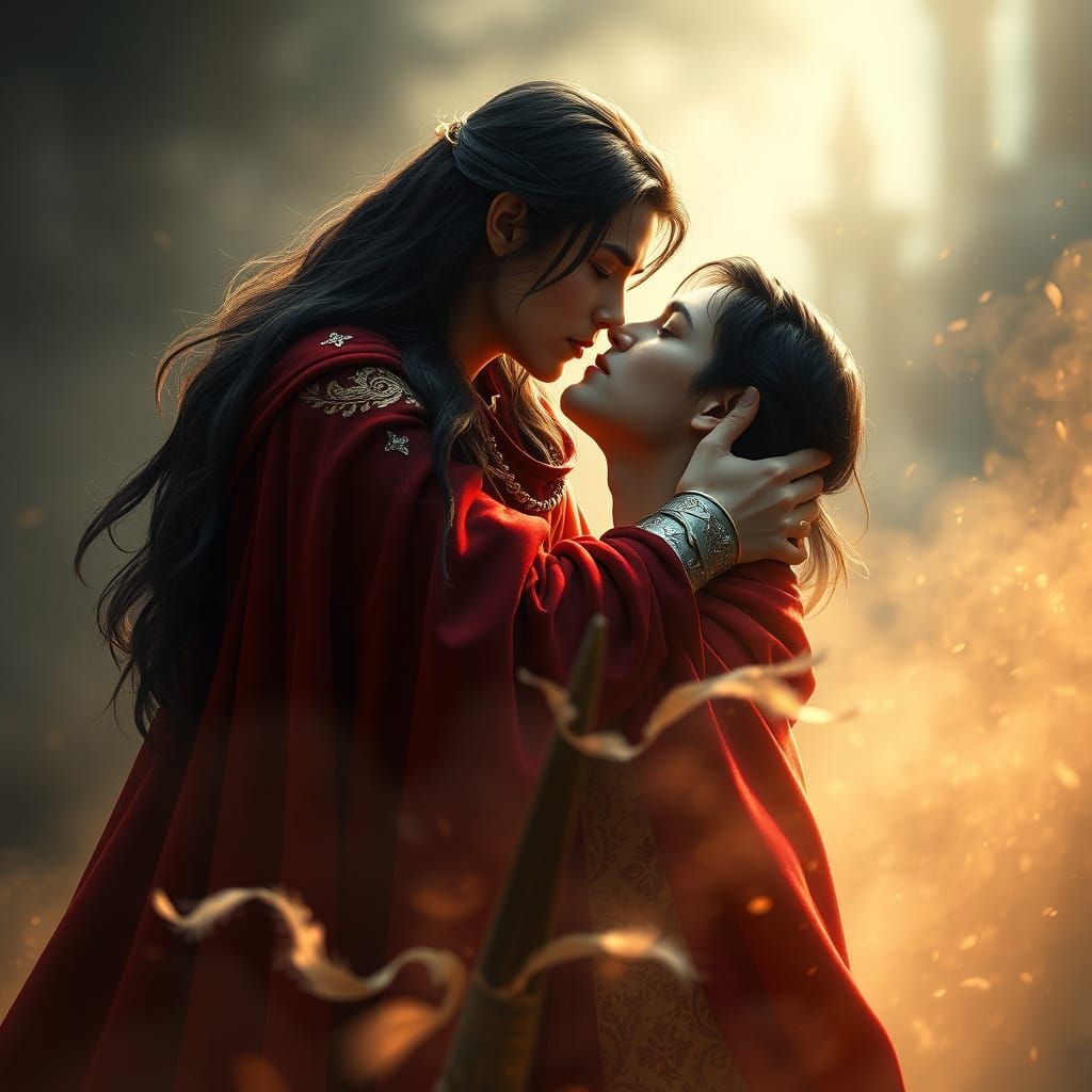 Ethereal Knight's Kiss in a Mystical Mist