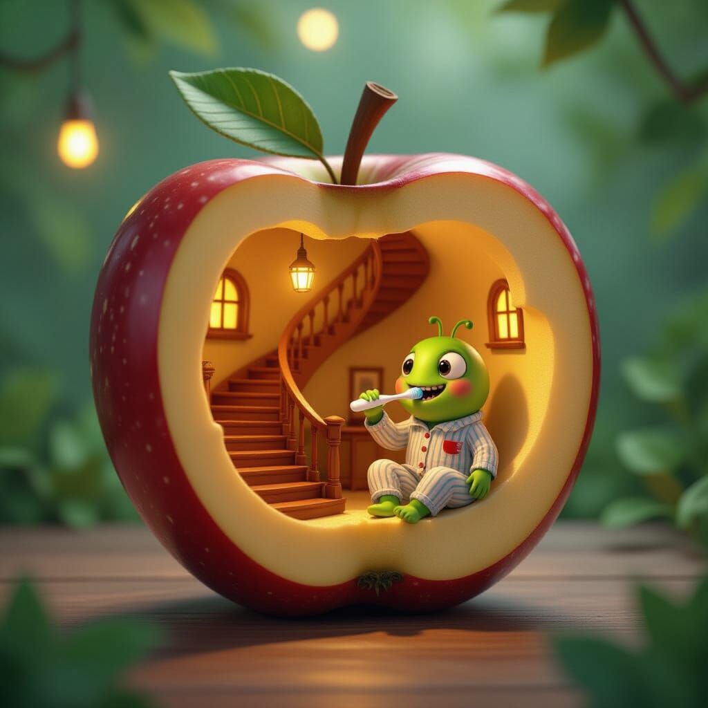Cozy Worm Home Inside Apple Core