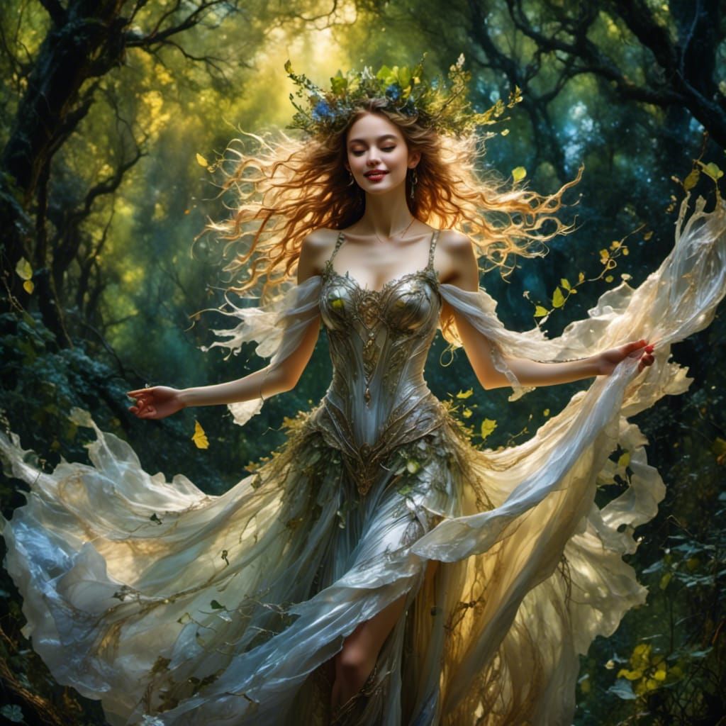 Laughing Fae Dancing in Forest at Sunset