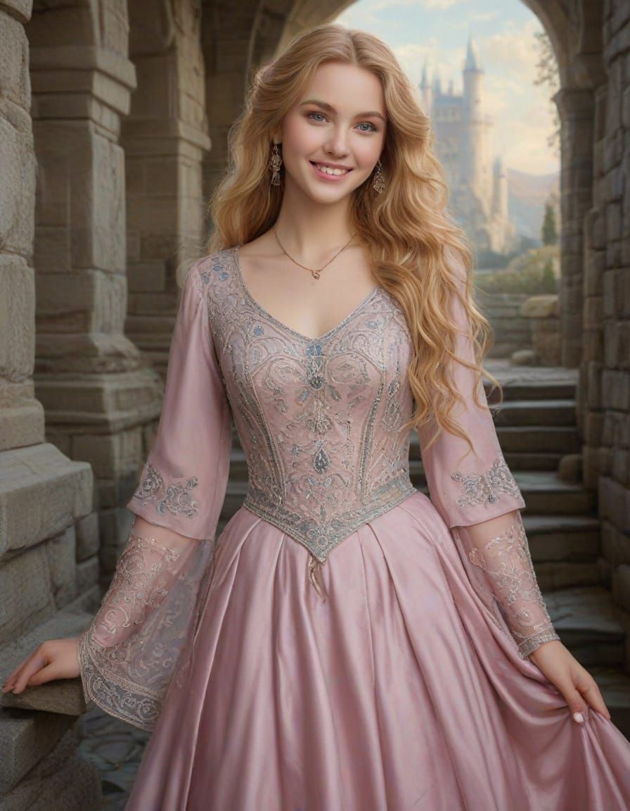 Ethereal Lady in Rose-Hued Castle