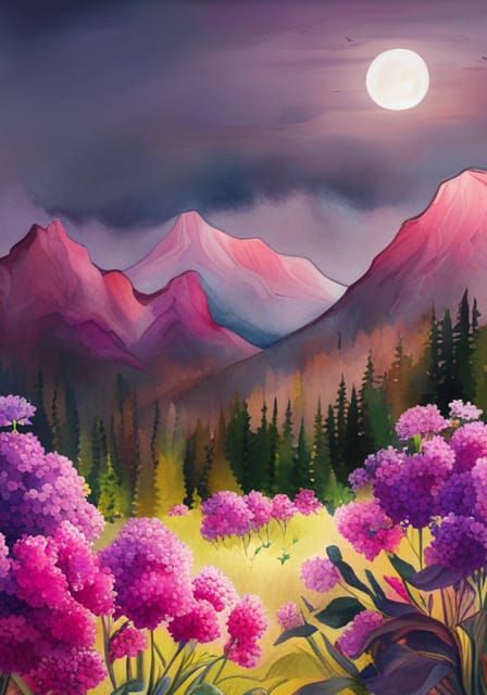 Pink Garden with Mountains in Watercolor Style