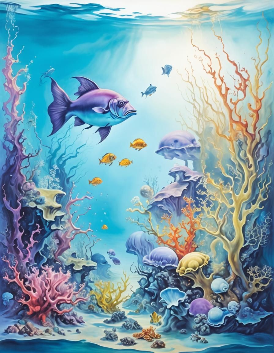 Surreal Underwater Sealife: Dali-esque Oil Painting
