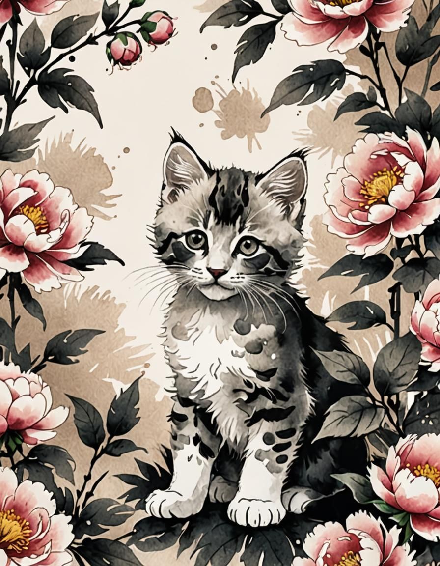 Kitten Under Peony Bush in Sumi-e Style