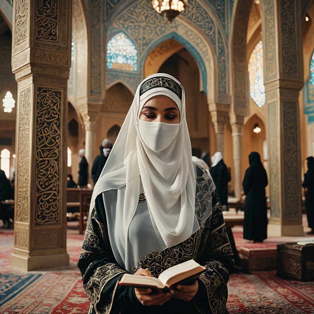 Niqab Woman Reads Quran in Mosque: Cinematic Film Still