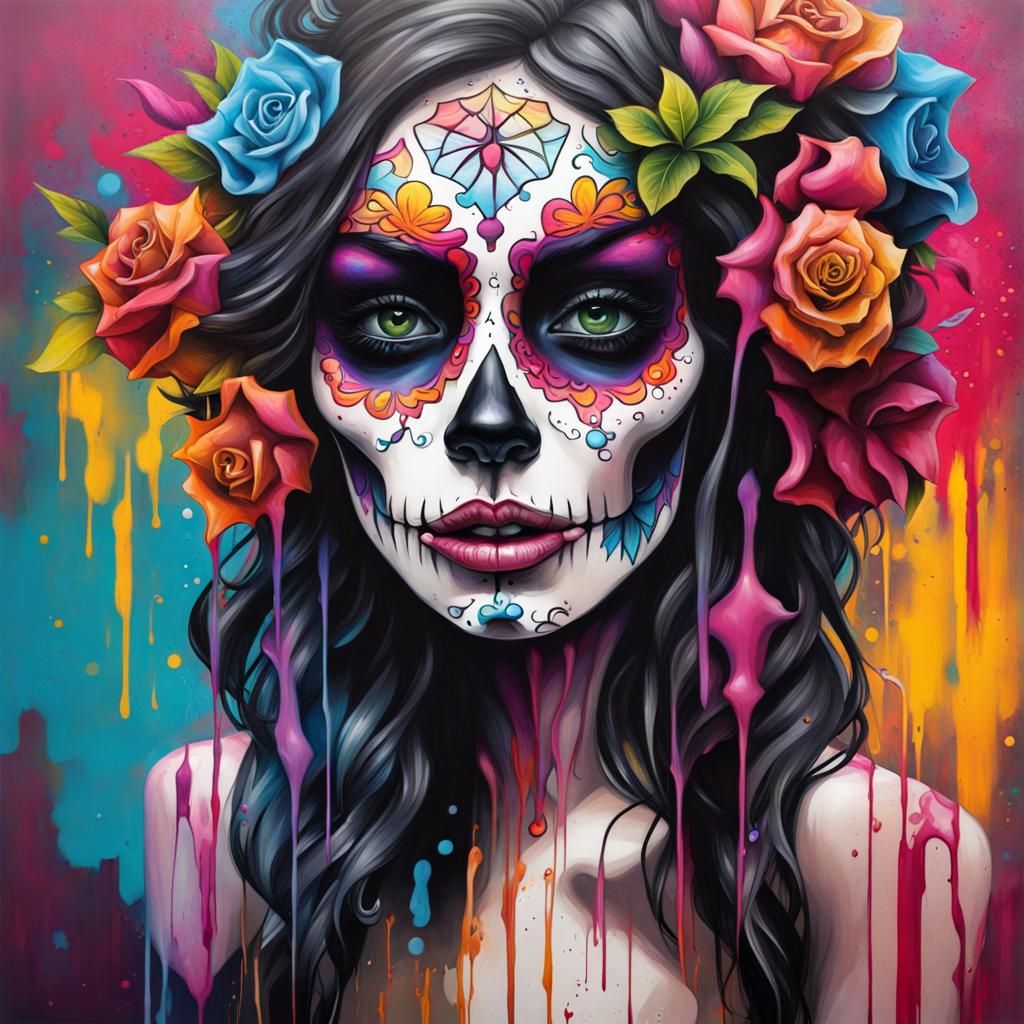 Colorful Catrina Graffiti Art in Spray Paint Style