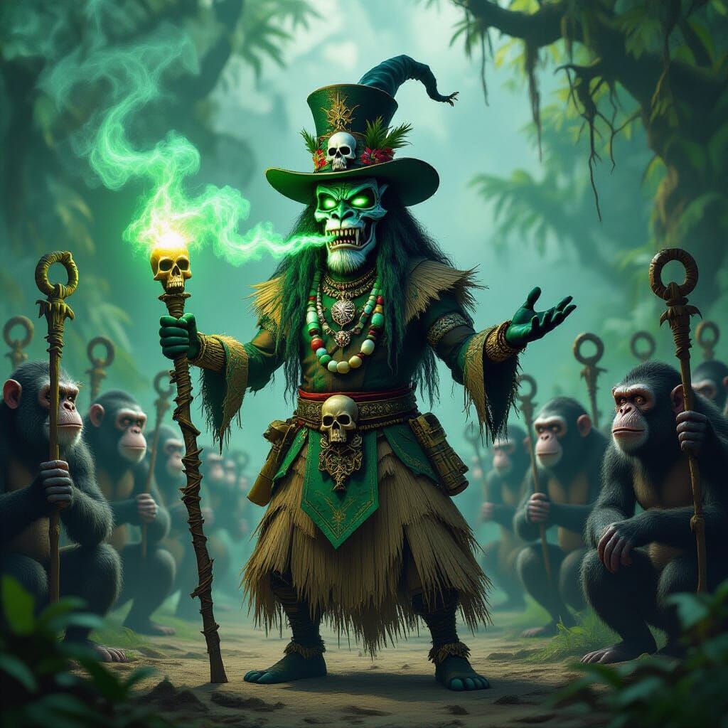 Lion Witch Doctor Breathes Green Fire with Undead Army