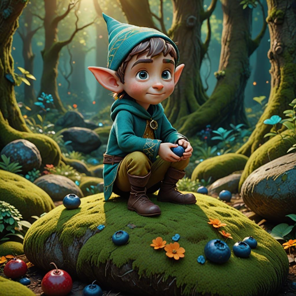 Pixar-Inspired Elf in Vibrant Forest Landscape