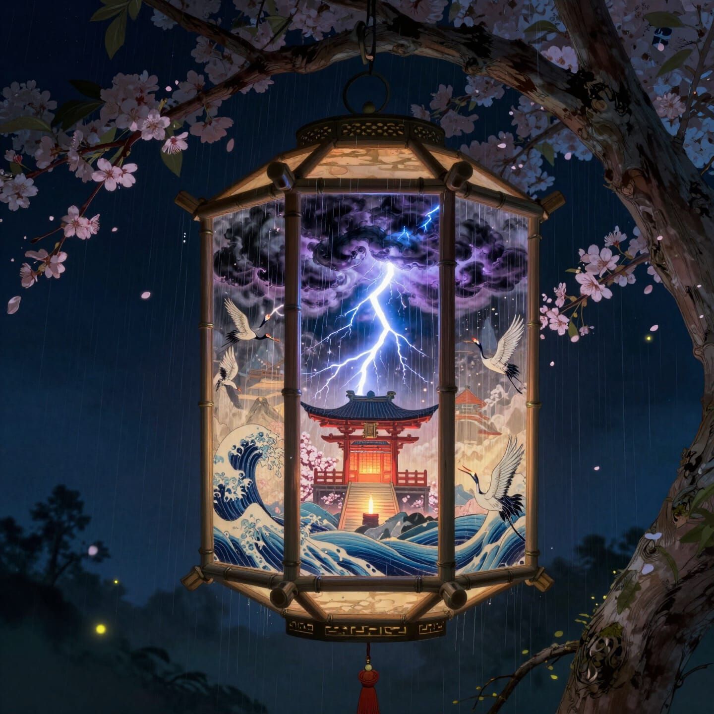Ukiyo-e Style Lantern With Inner Tempest and Floating Shrine