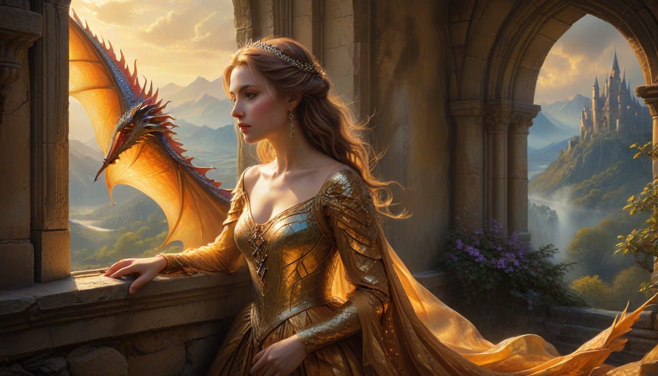 Fantasy Princess Gaze Out Upon Majestic Dragons in Enchantin...