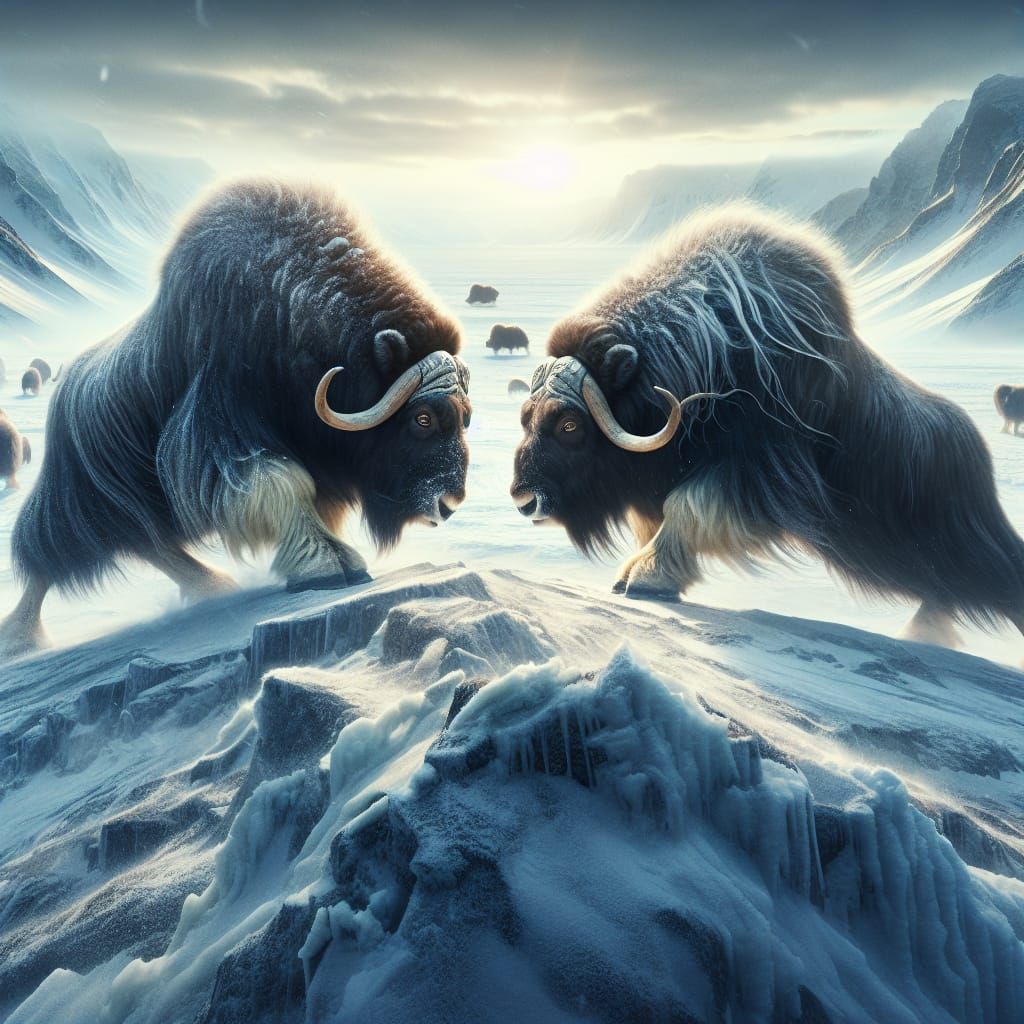 Muskox Battle on Frozen Tundra: Epic Digital Painting