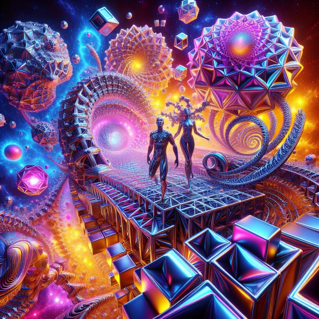 Vibrant 3D Maximalism Scene with Chrome Colors