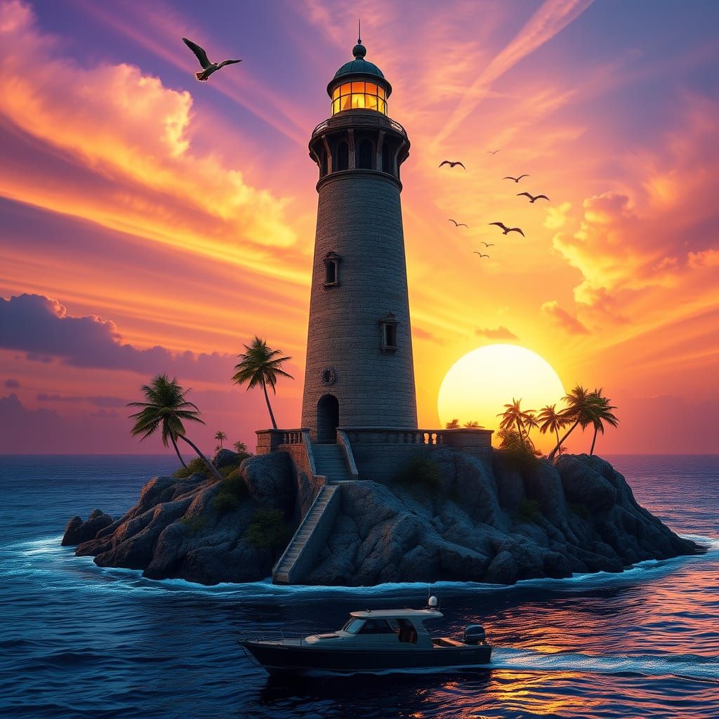 Majestic Lighthouse on Rugged Island in Vibrant Sunset