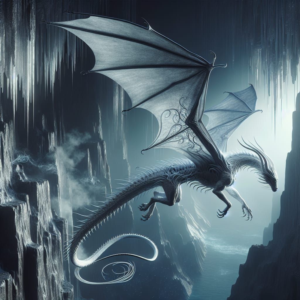 Majestic Silver Dragon Launching from Cliff