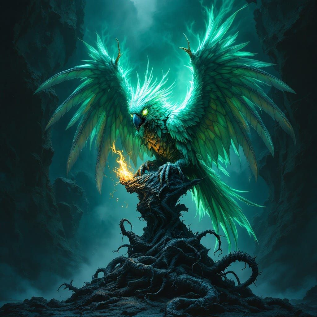 Eldritch Parrot Demon in Iridescent Opal Feathers