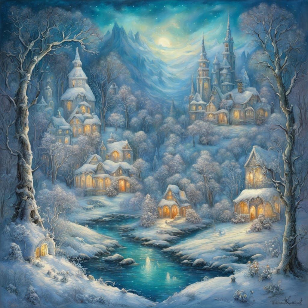Fantasy Winter Village Dream in Icy Tones