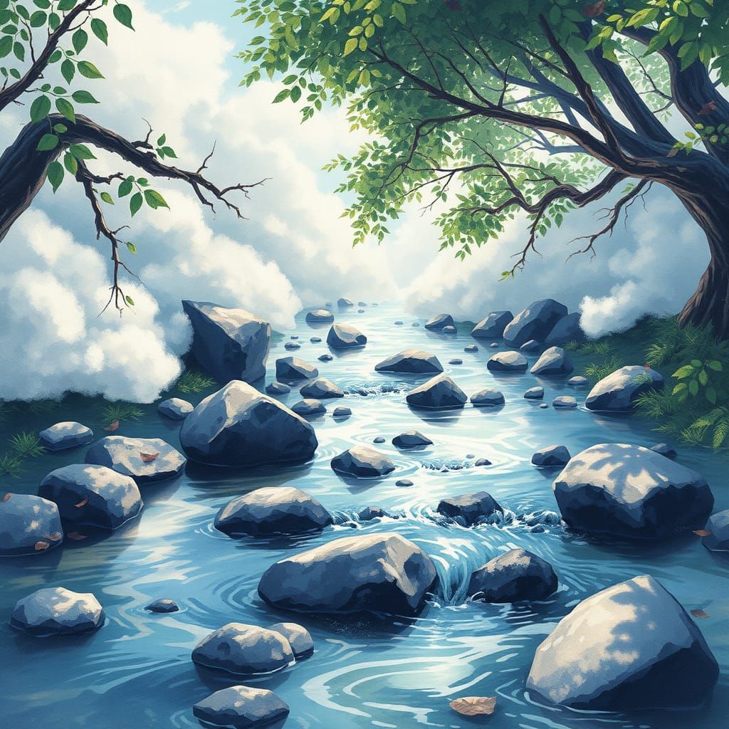 Stylized watercolor painting.  Depicting a free running stream: Reflections, fluffy clouds, leaves, rocks, currents, edd...