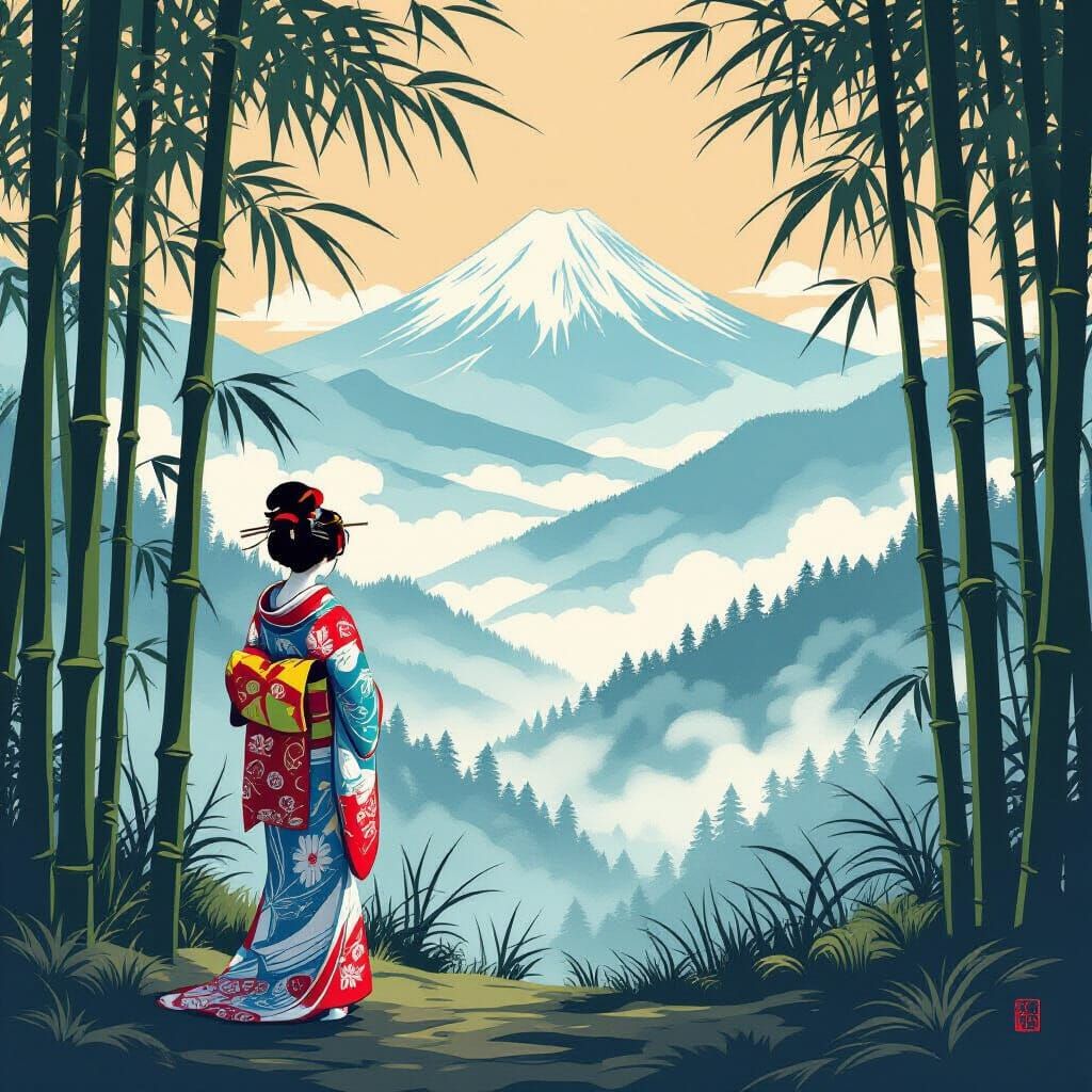 Geisha in Bamboo Forest in Ukiyo-e Style