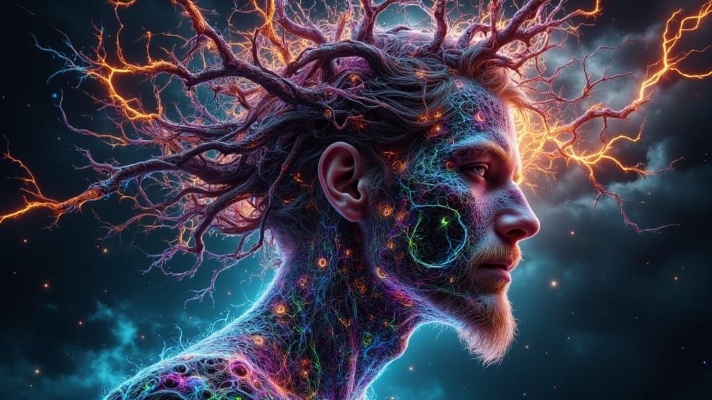 Fractal Faced Binary Man in Dark Fantasy Style