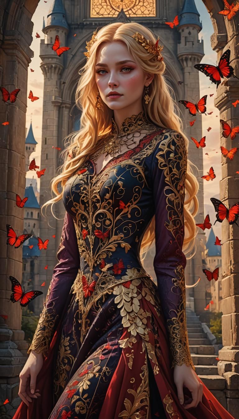 Golden Haired Woman in Castle, Wuya Style Art