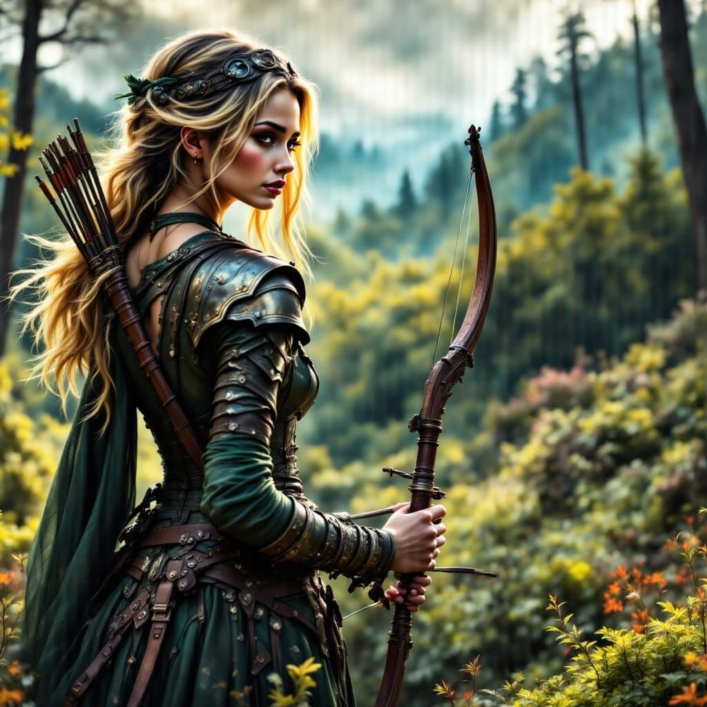 Fantastical Ranger Huntress in a Vibrant Northern Valley