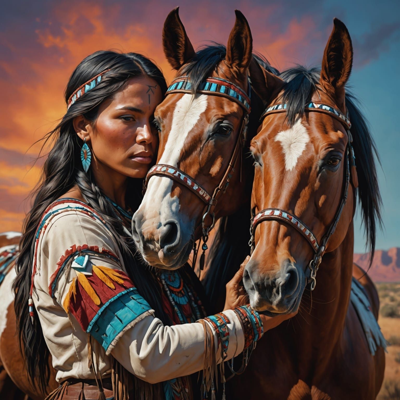 Native American Woman and Horse in Hyperrealism