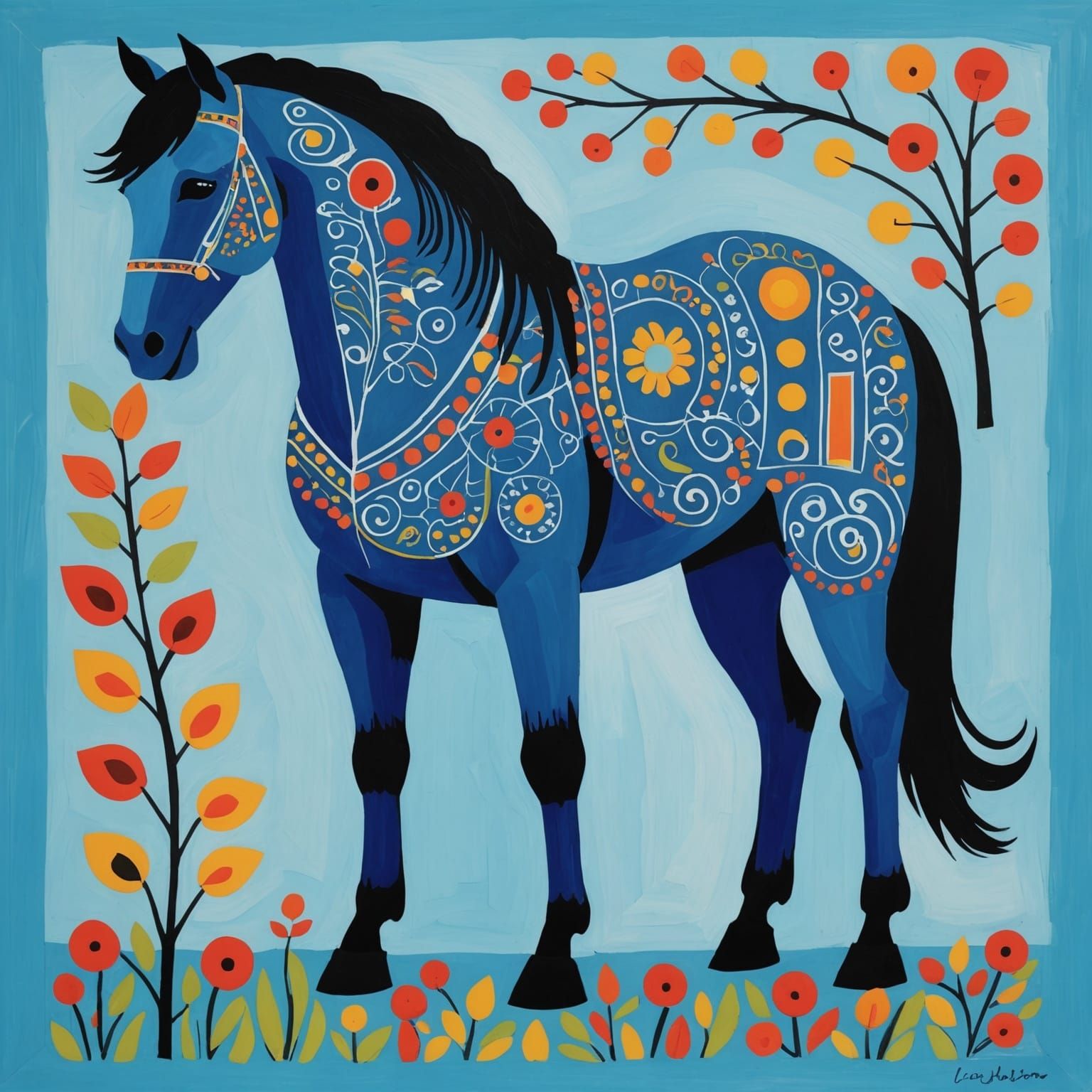 Whimsical Blue Horse Illustration
