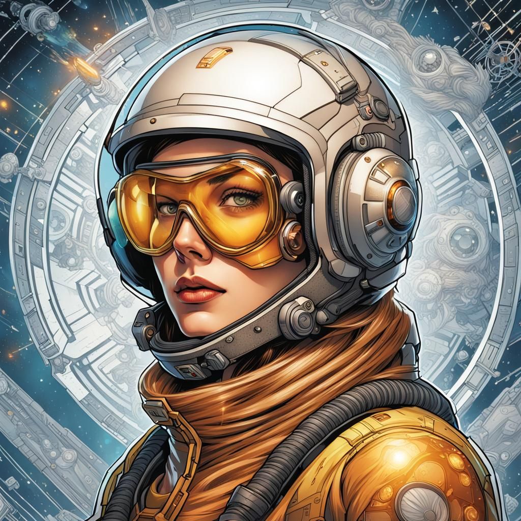 Woman in Honeycomb Space Helmet: Comic Book Art Portrait