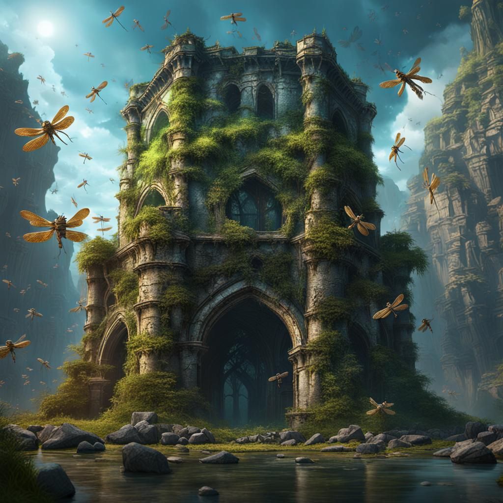 Crumbling Tower Surrounded by Dragonflies: Detailed Matte Pa...