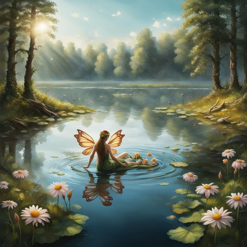 Fairy Bathing in Lake: Slavic Mythology Scene