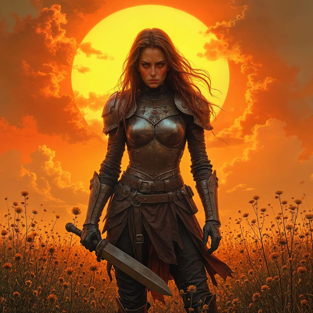 Heroic Female Warrior Stands Defiant Against Sunset
