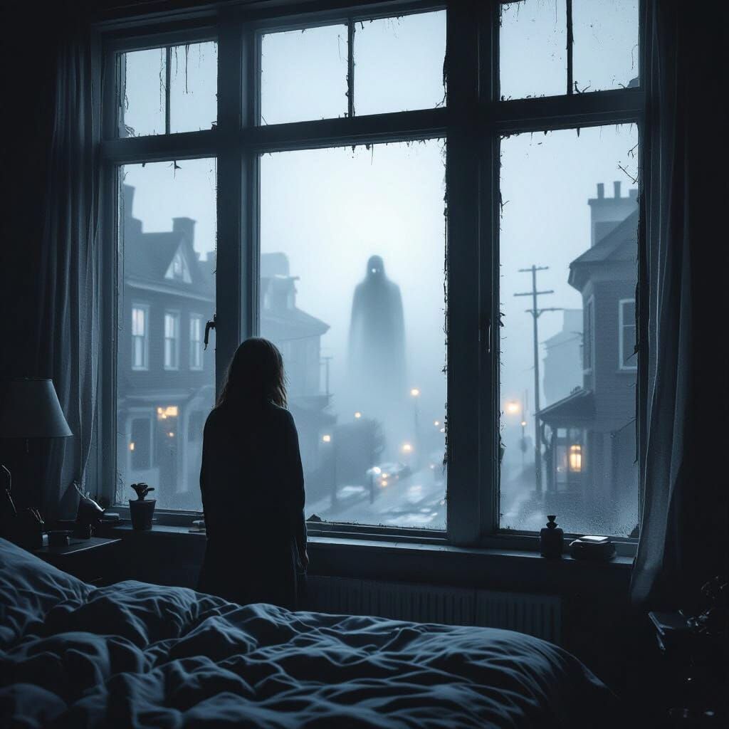 Eerie Shadow in Fog: Cinematic Horror Scene