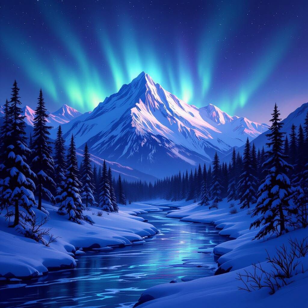 Majestic Snowy Mountain Crest Under Aurora Borealis