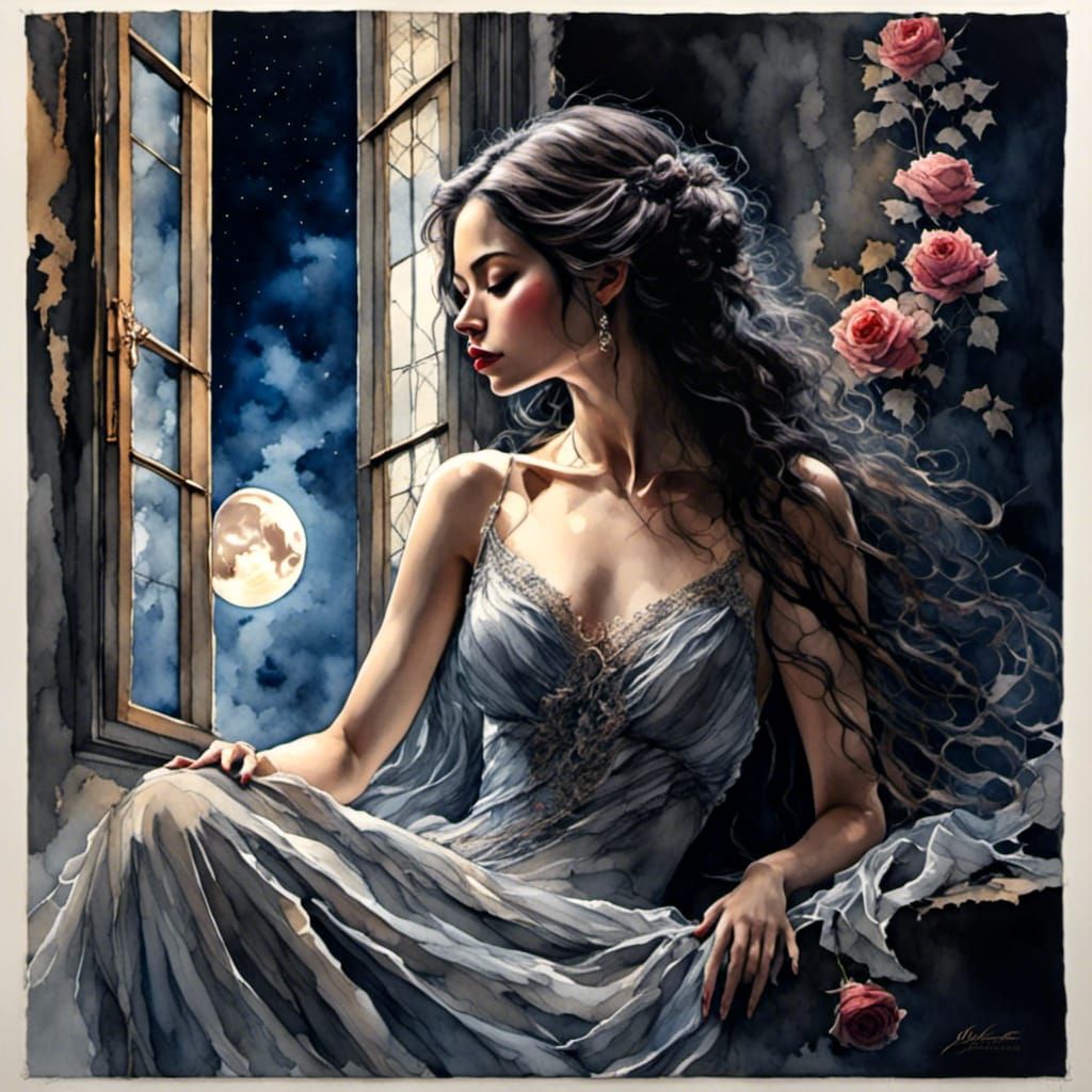 Watercolor Princess in Bay Window at Night