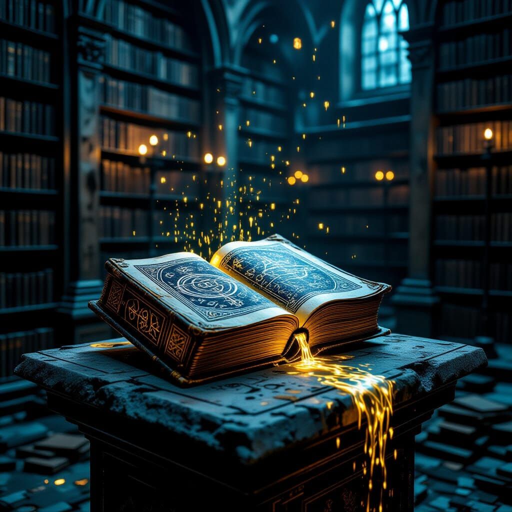 Ancient Tome with Liquid Gold Pages in Graffiti Art Style