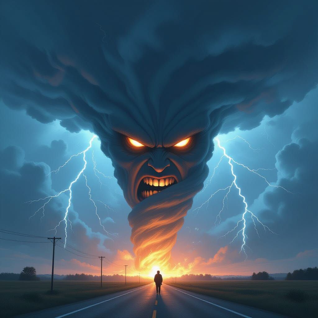 Ominous Tornado with Angry Face in Cyberpunk Style