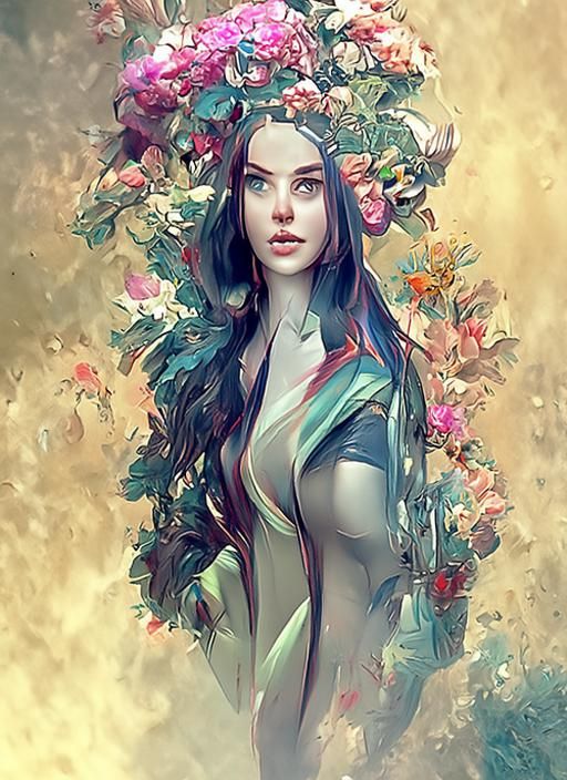 Goddess Portrait with Flowers in Digital Watercolor