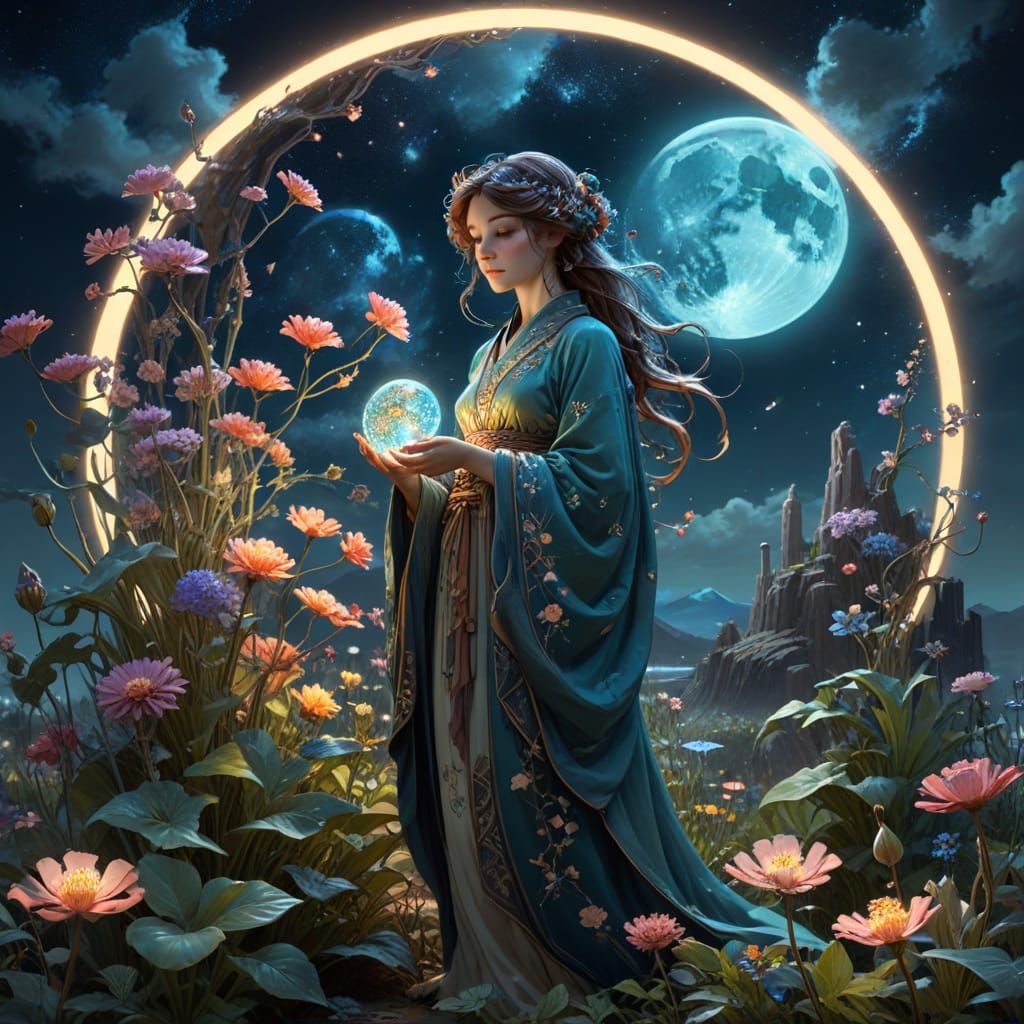 Celestial Gardener in Bioluminescent Moon Garden