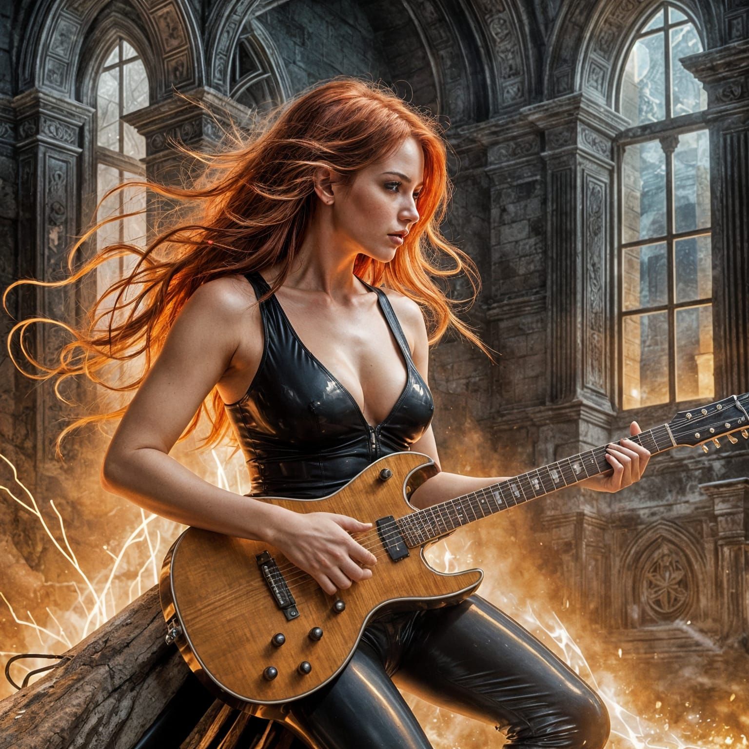 Rock Goddess Plays Guitar Amidst Ancient Ruins