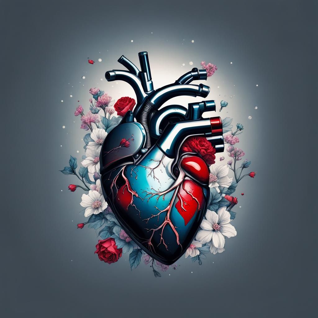 Cyborg Heart Surrounded by Flowers, Science Fiction Art