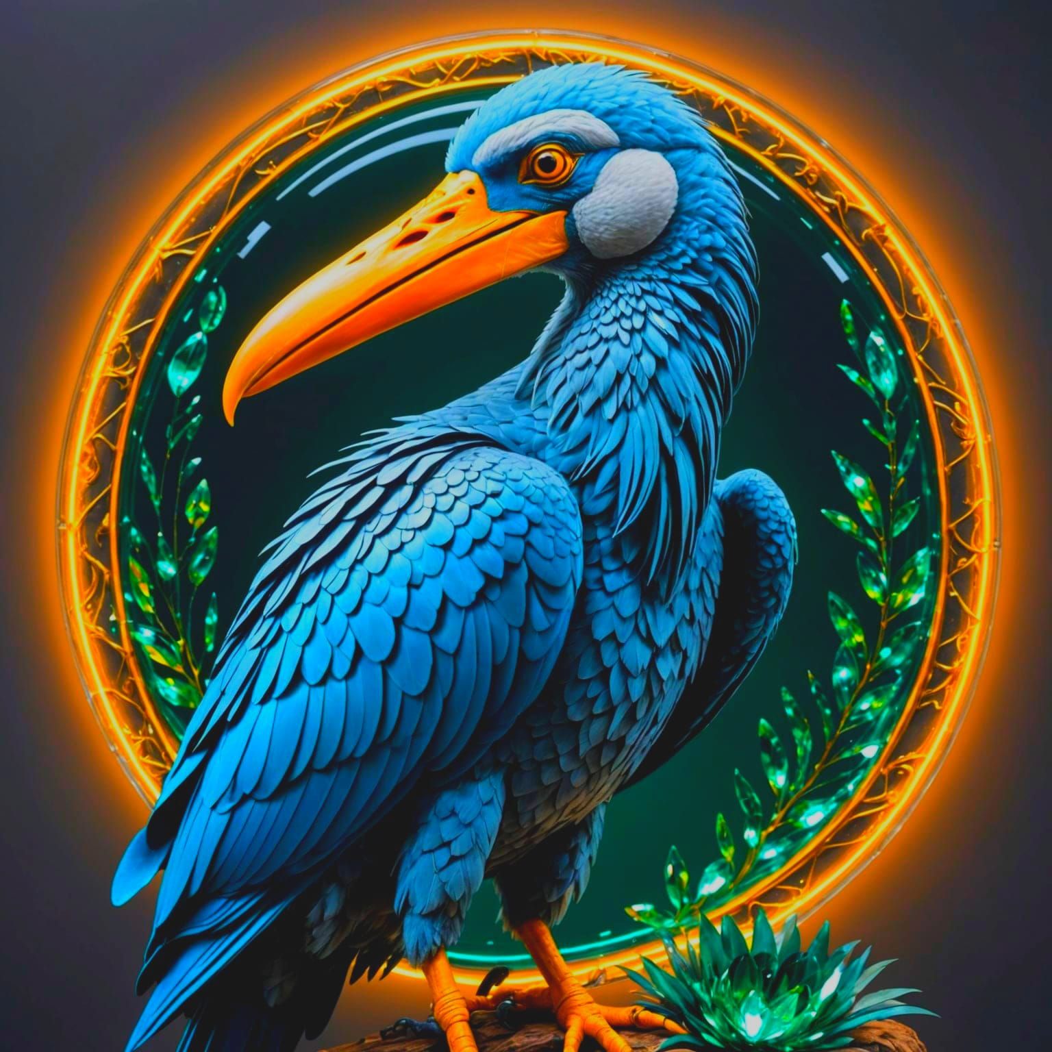 Vibrant Crystal Glass Shoebill Stork in Neon Blue and Emeral...