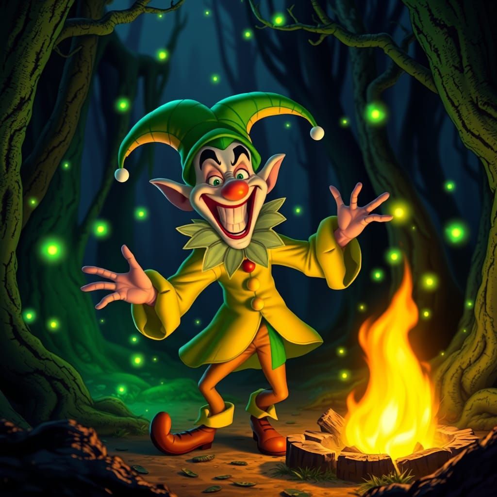 Cartoon Jester's Maniacal Dance Around Green Campfire